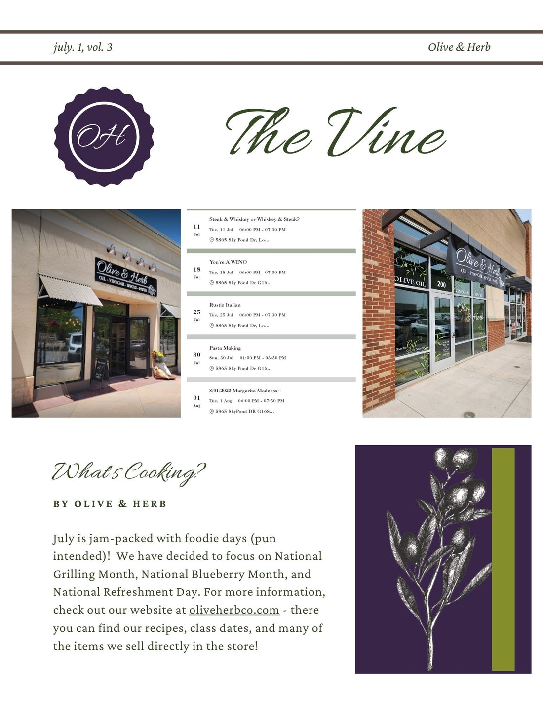 The Vine: Olive & Herb's Monthly Newsletter- July 2023