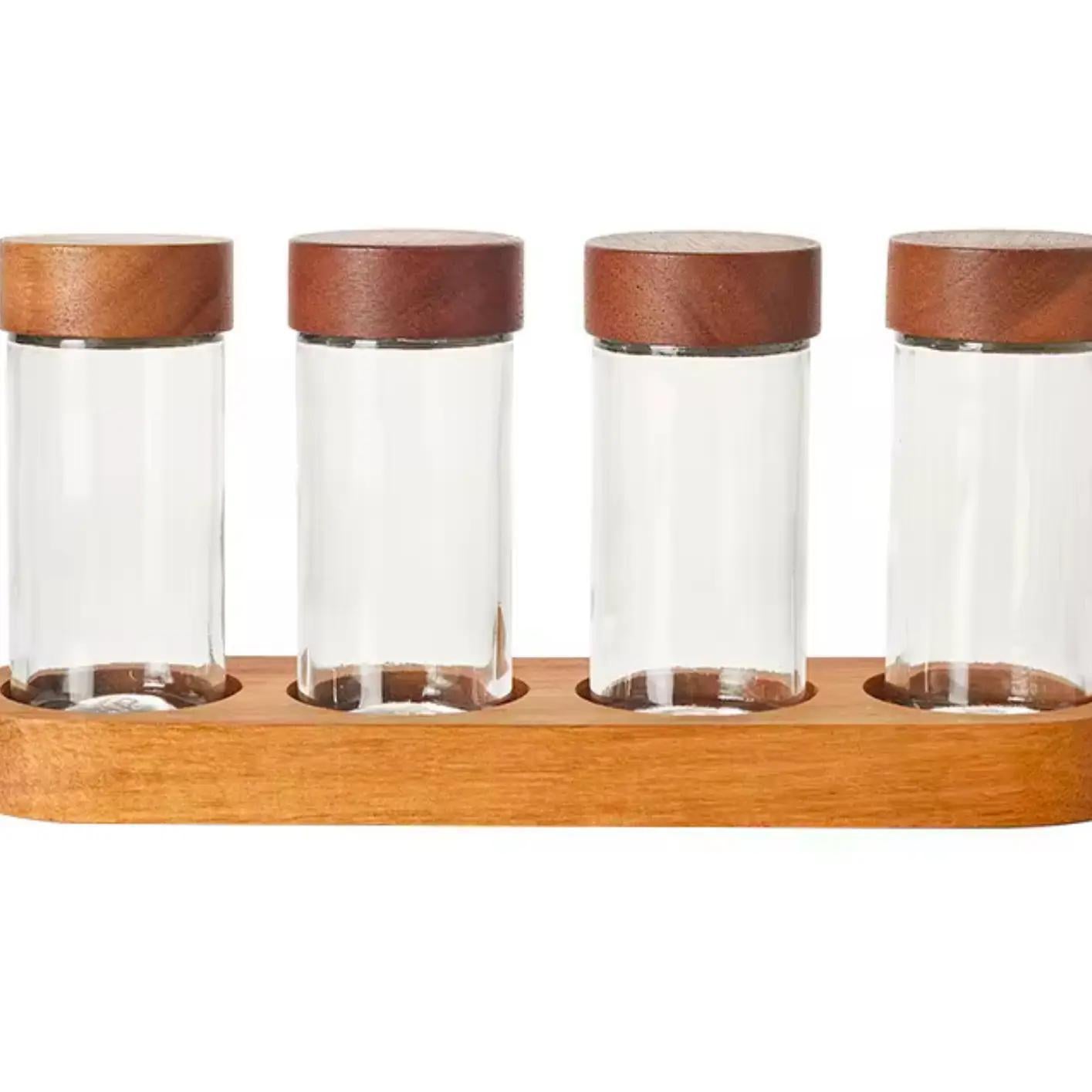 Acacia Wood 4-Slot Spice Jar Organizer and Tray