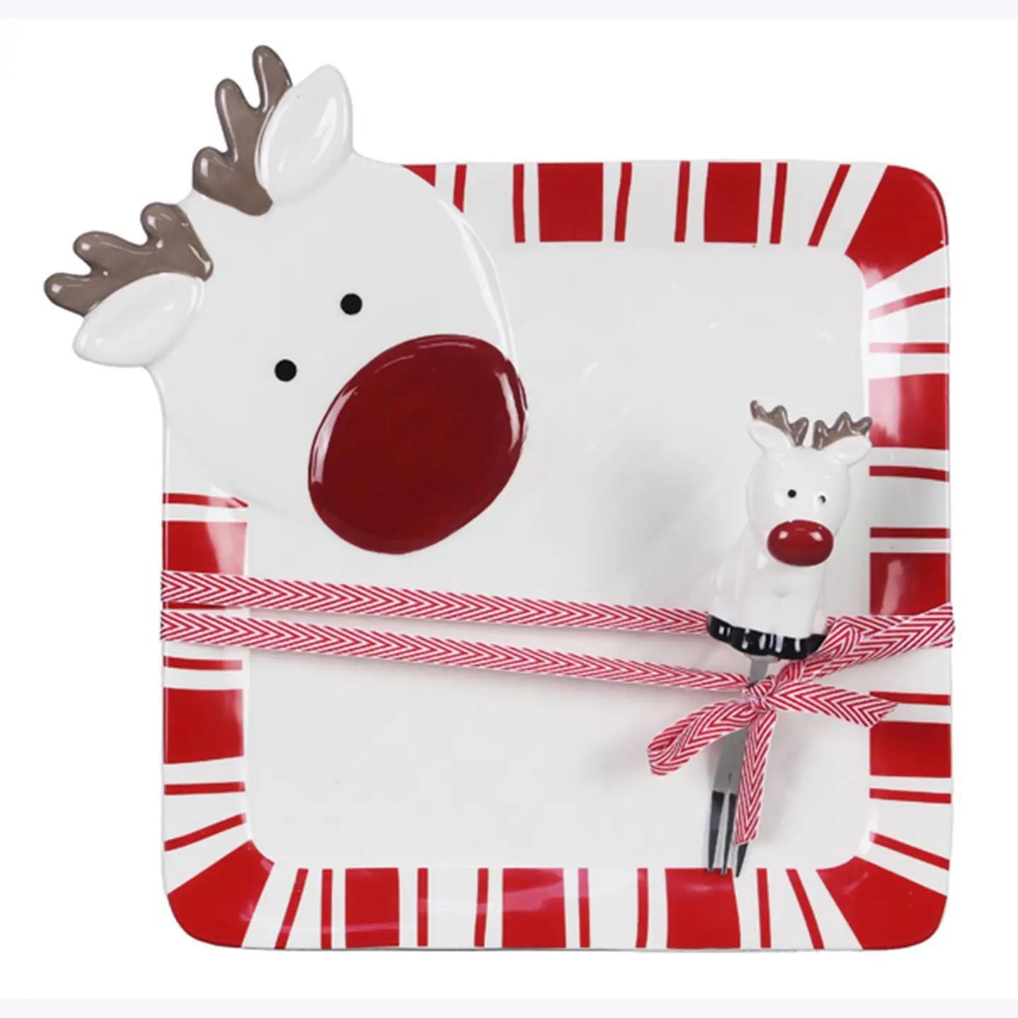 Ceramic Christmas Snack Plate with Fork Set