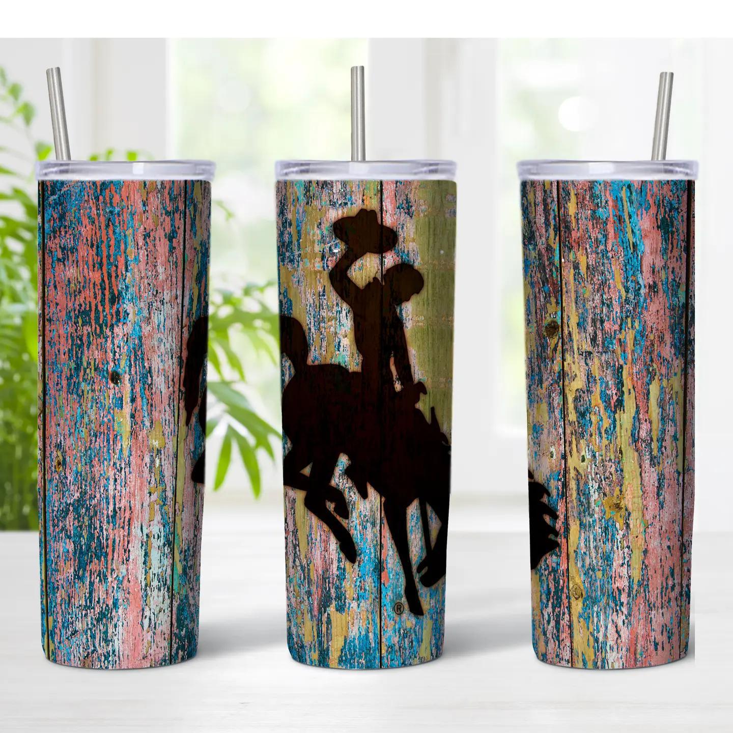 Wyoming Buckinghorse On Colored Barnwood 20oz Skinny Tumbler