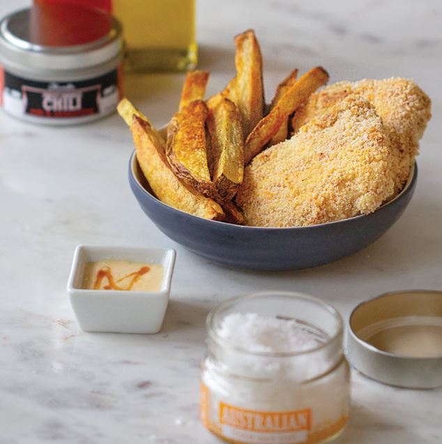 Baked Fish and Chips with Sweet Sriracha Mayo