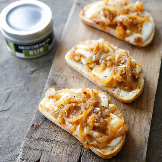 Caramelized Onion, Rosemary, and Mozzarella Crostini