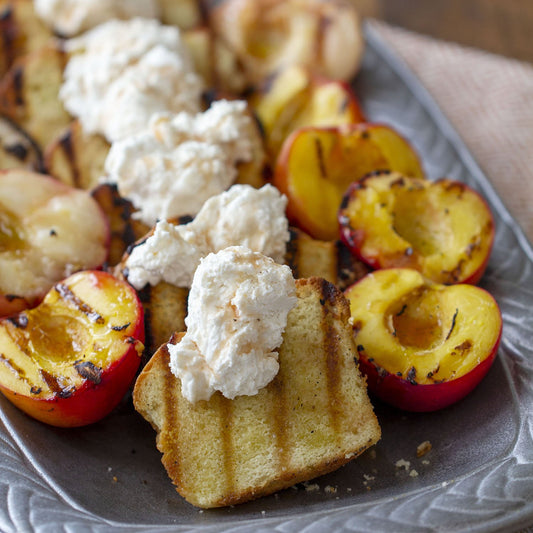 Grilled Pound Cake and Stone Fruit with Salted Strawberry Whipped Cream