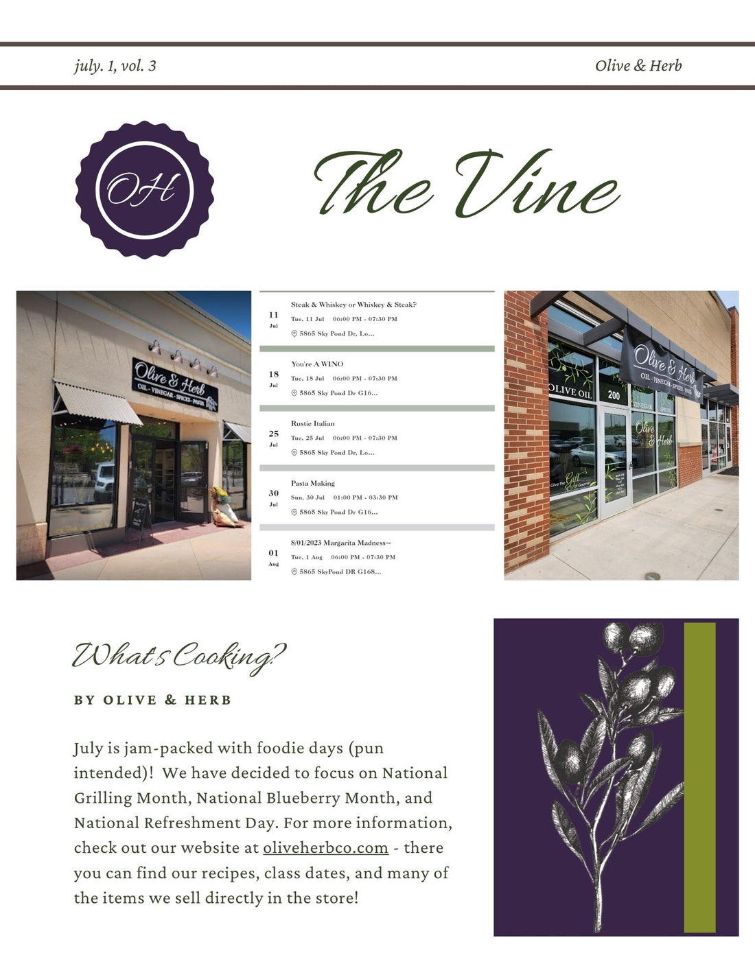The Vine:  Olive & Herb's Monthly Newsletter- July 2023