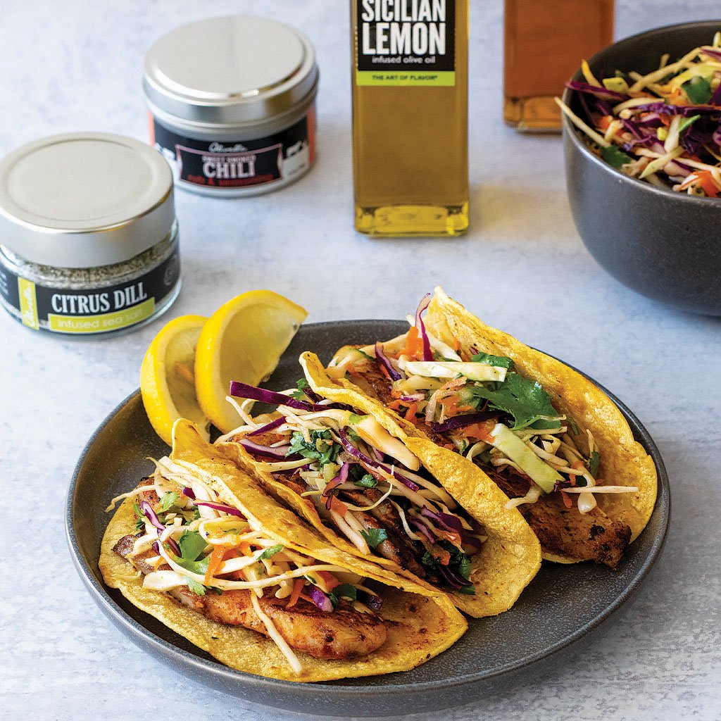Lemon and Chili Fish Tacos with Cucumber Slaw