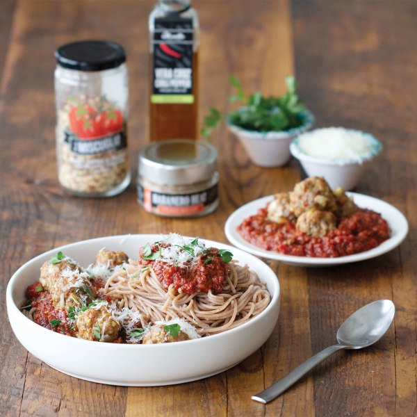 Spaghetti with Spicy Marinara and Meatballs Olive Herb Co