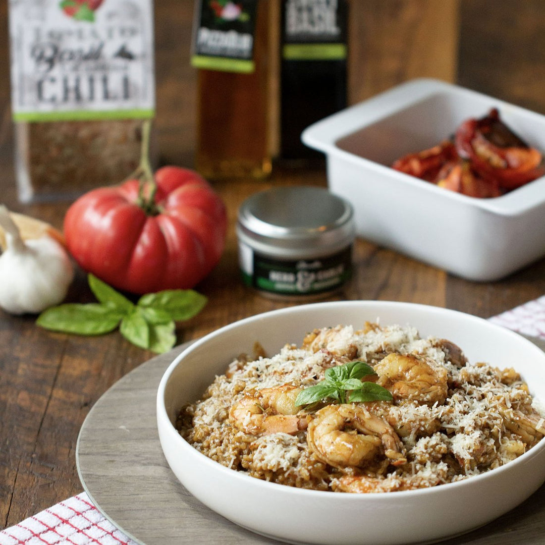 Tomato Basil and Calabrian Chili Risotto with Shrimp