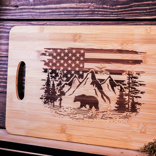 Bear with American Flag Engraved Cutting Board