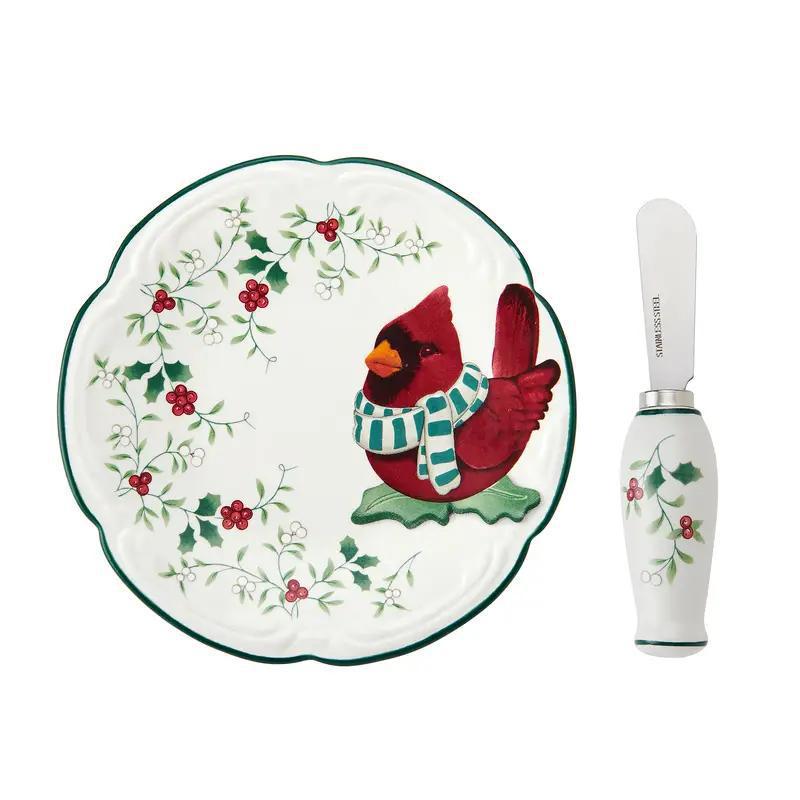 Winterberry Cardinal Bowl & Spreder Set