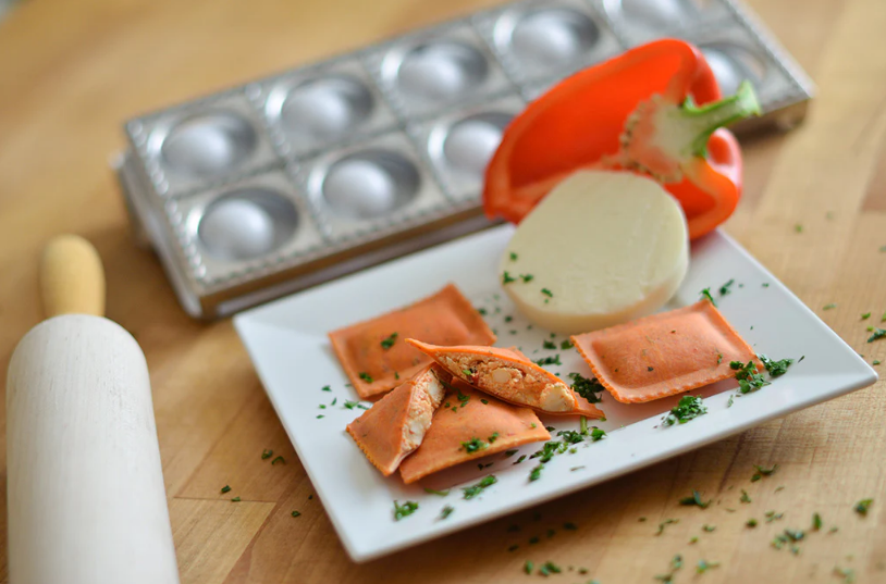 Smoked Mozzarella & Fire Roasted Red Pepper Ravioli in Roasted Red Pepper Dough