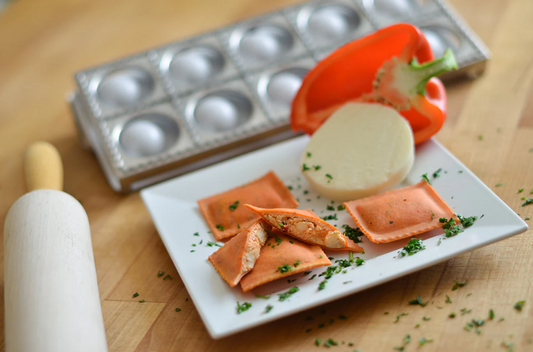 Smoked Mozzarella & Fire Roasted Red Pepper Ravioli in Roasted Red Pepper Dough