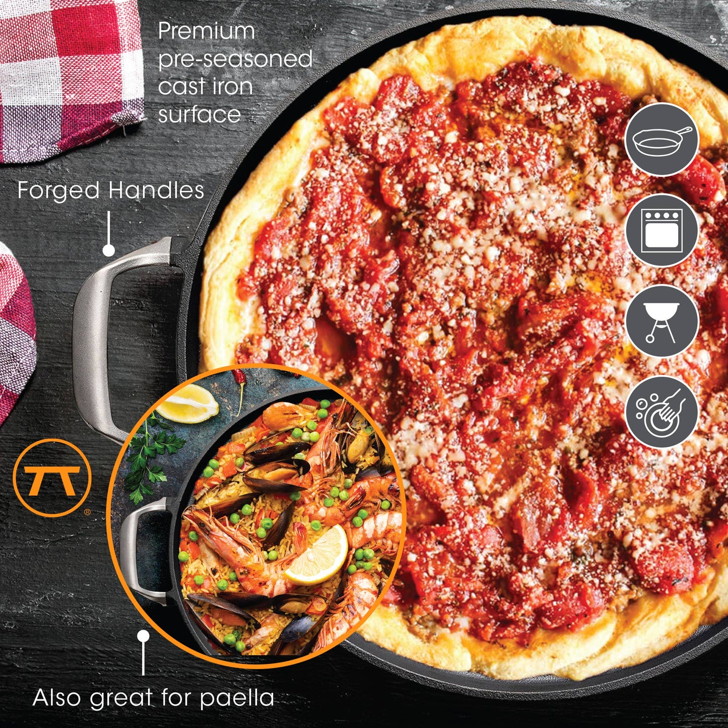 Outset Cast Iron Deep Dish Pizza and Paella Pan,14.25"x18.5"