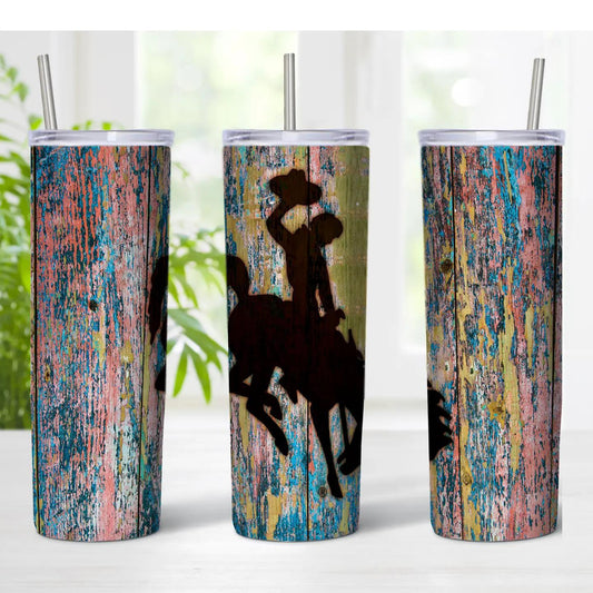 Wyoming Buckinghorse On Colored Barnwood 20oz Skinny Tumbler