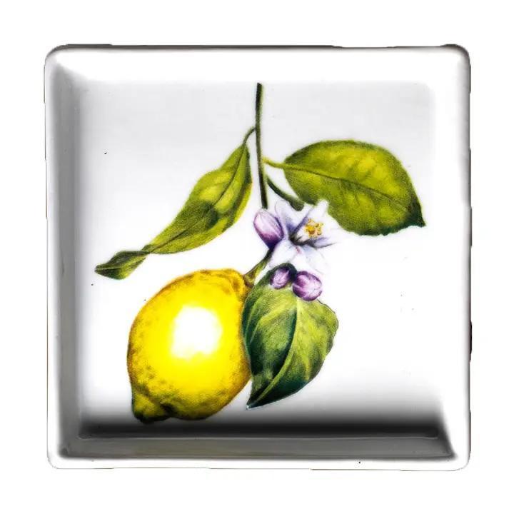 White Embossed Ceramic Dipping Plate - 4x4" Olive Oil Dish Lemon Print