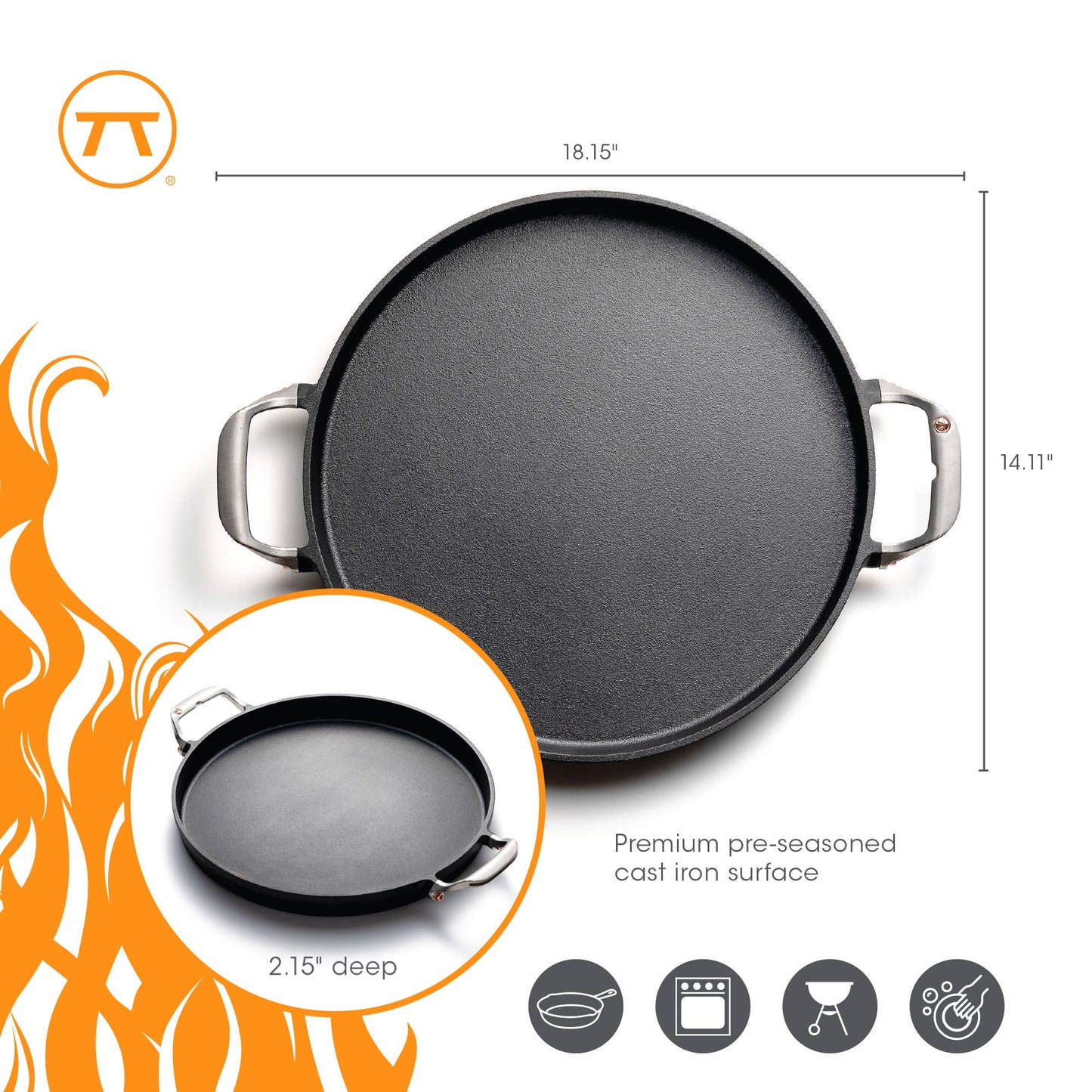 Outset Cast Iron Deep Dish Pizza and Paella Pan,14.25"x18.5"
